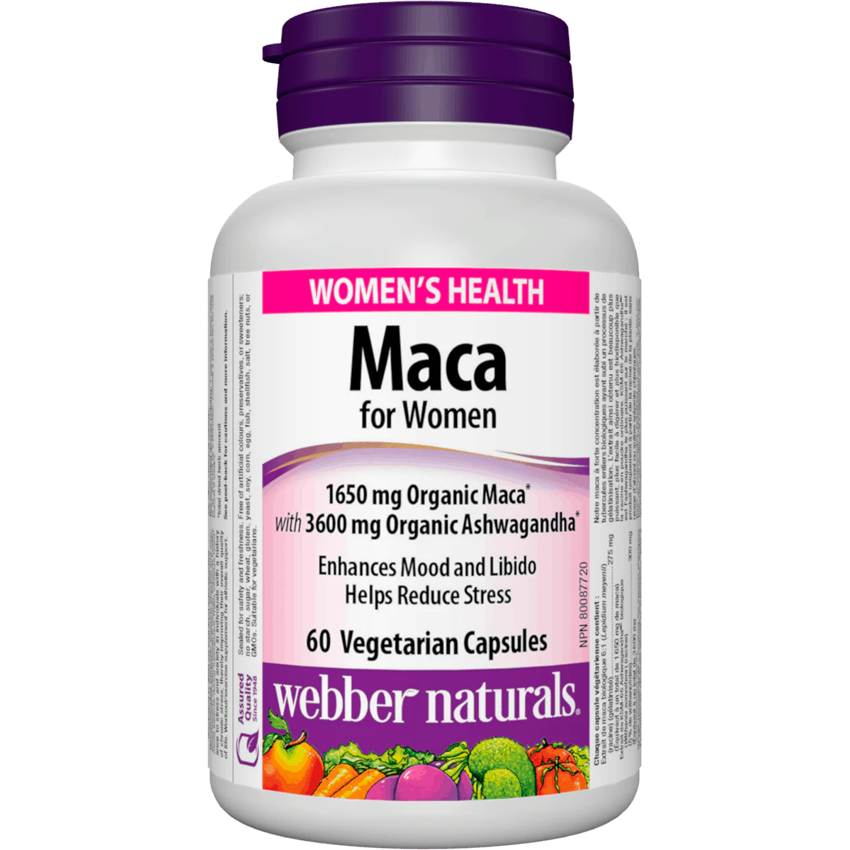 Webber Naturals Maca supplement bottle for women on a white background