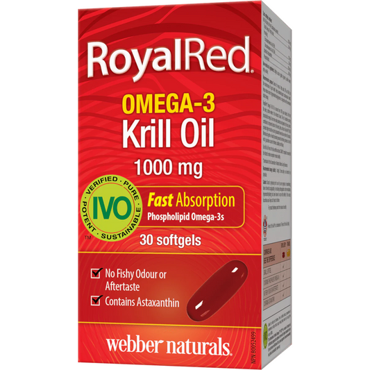 Box of RoyalRed Omega-3 Krill Oil supplement with red and white design.