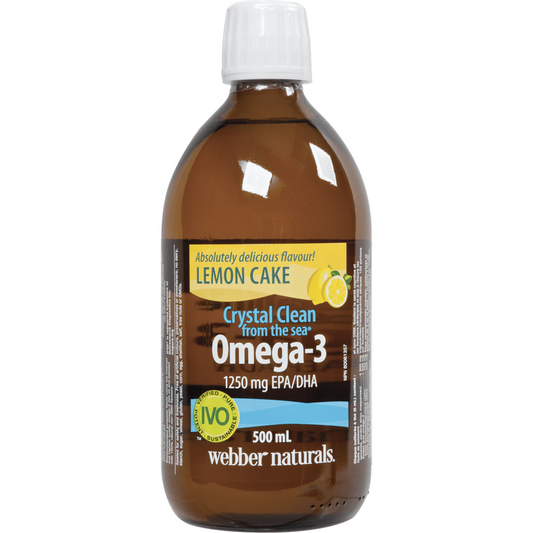 Bottle of Webber Naturals Omega-3 supplement with lemon cake flavor on a white background