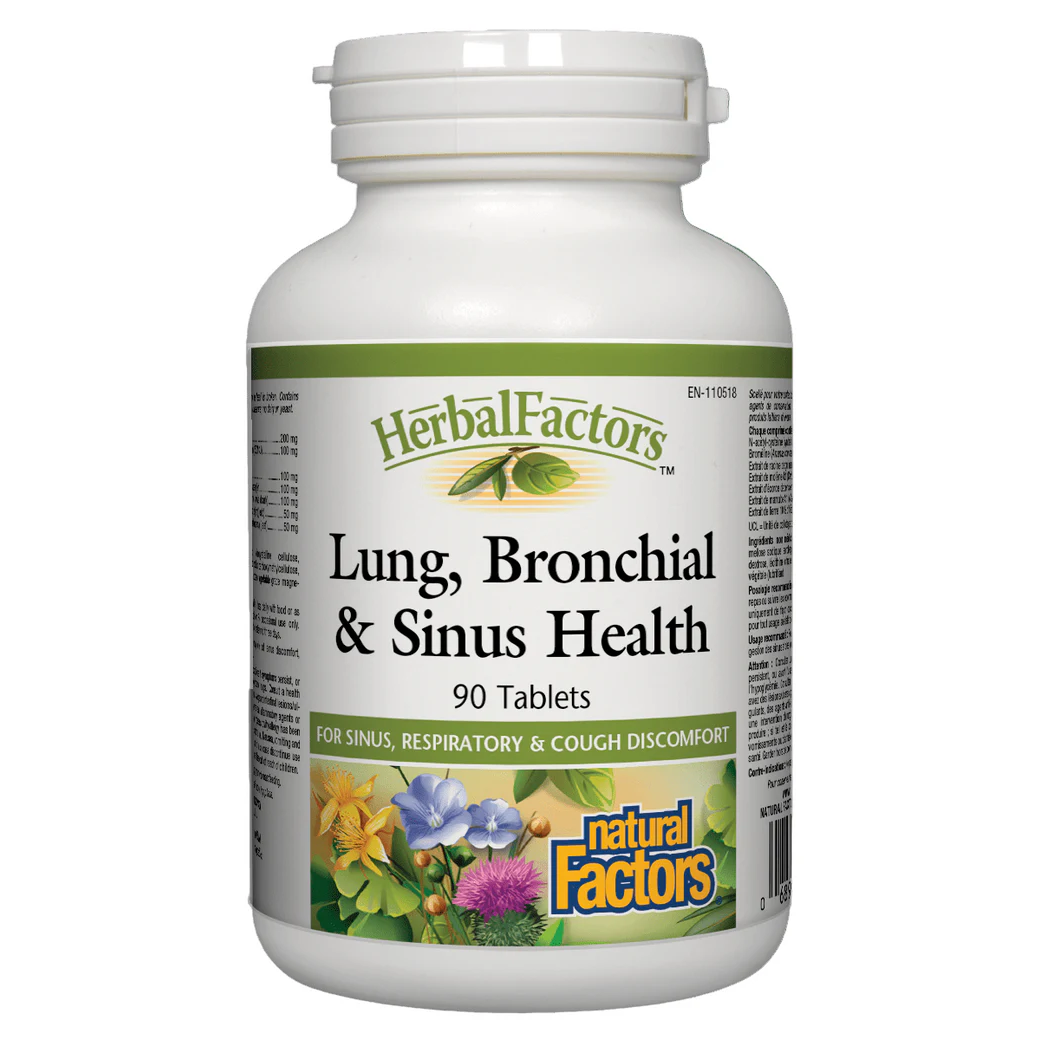 Bottle of Herbal Factors Lung, Bronchial & Sinus Health supplement on a white background Natural Vitamin Direct Inc Shop Canadian since 1997