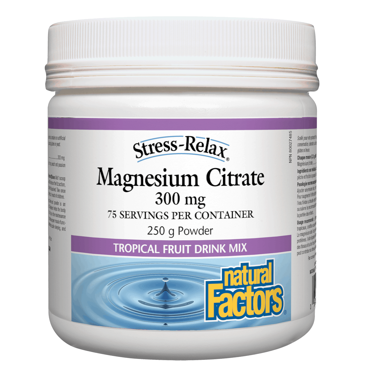 Container of Stress-Relax Magnesium Citrate powder with label on a white background