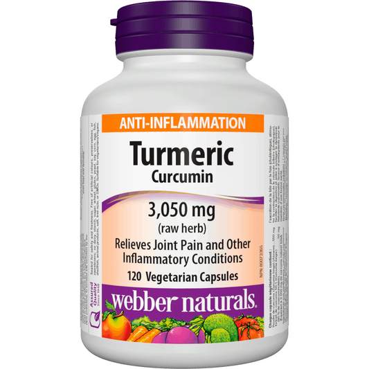 Bottle of Webber Naturals Turmeric Curcumin supplement on a white background