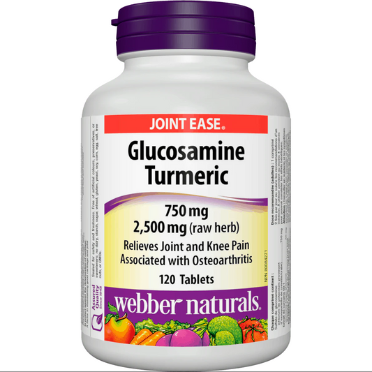 Bottle of Webber Naturals Glucosamine Turmeric supplement on a white background