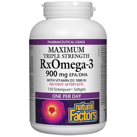 Bottle of Natural Factors RxOmega-3 supplement on a white background. available online natural vitamin direct inc canada