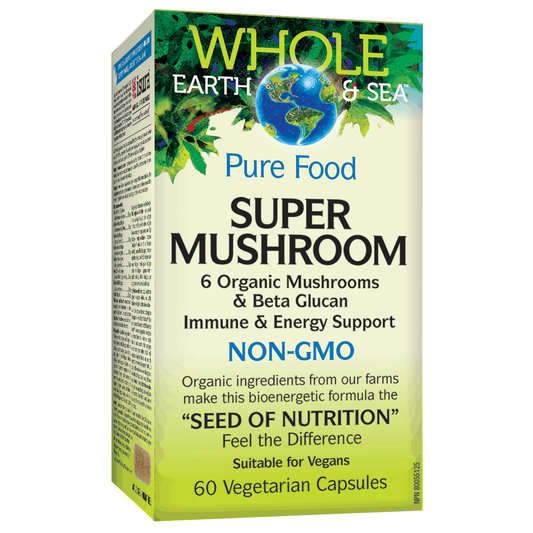 Box of Whole Earth & Sea Super Mushroom supplement on a white background