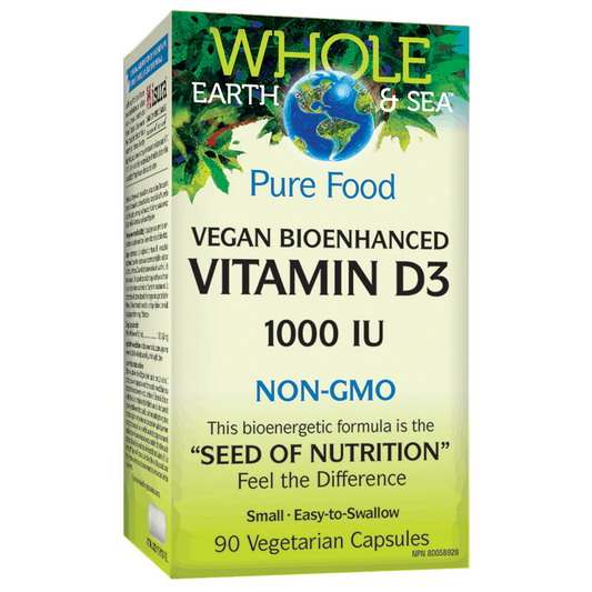 Box of Whole Earth & Sea Vegan Bioenhanced Vitamin D3 1000 IU on a white background