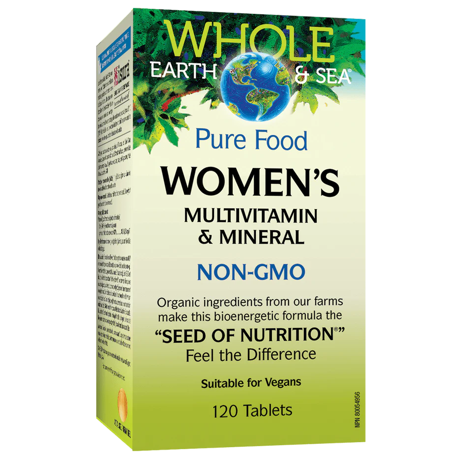 Box of Whole Earth & Sea Women's Multivitamin & Mineral Non-GMO supplement on a white background sold by natural vitamin direct inc canada natvd.com