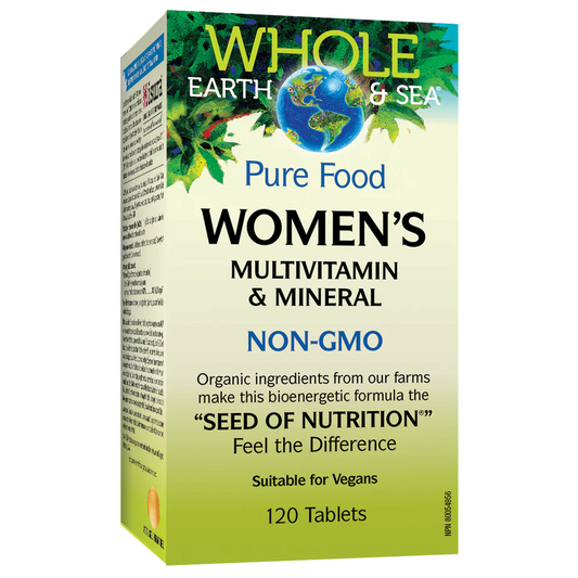 Box of Whole Earth & Sea Women's Multivitamin & Mineral Non-GMO supplement on a white background sold by natural vitamin direct inc canada natvd.com