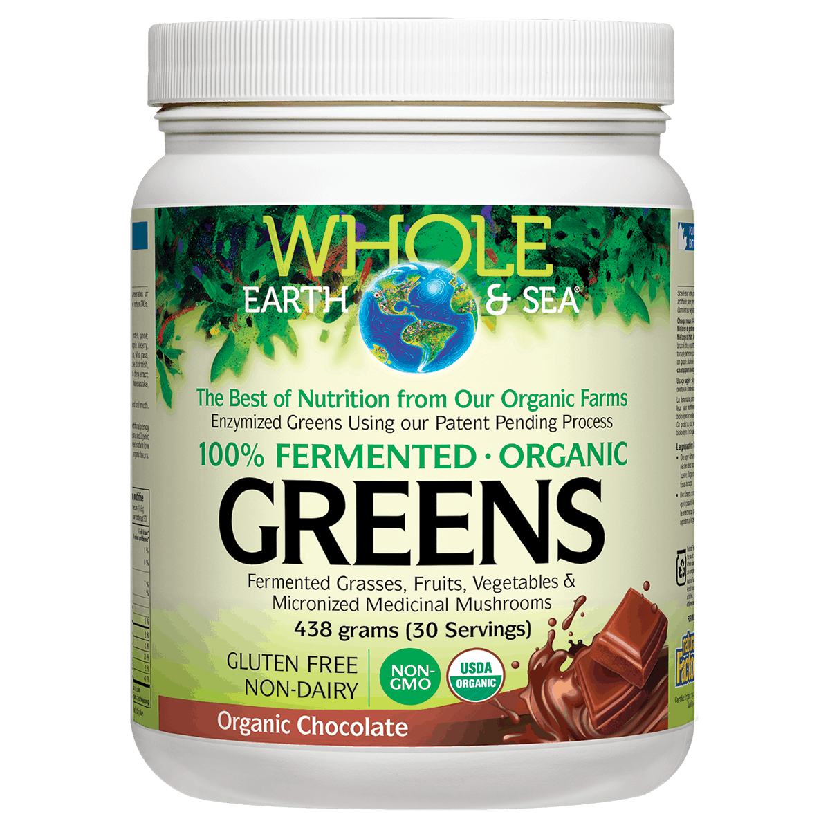 Container of Whole Earth & Sea Greens powder with a white lid on a white background