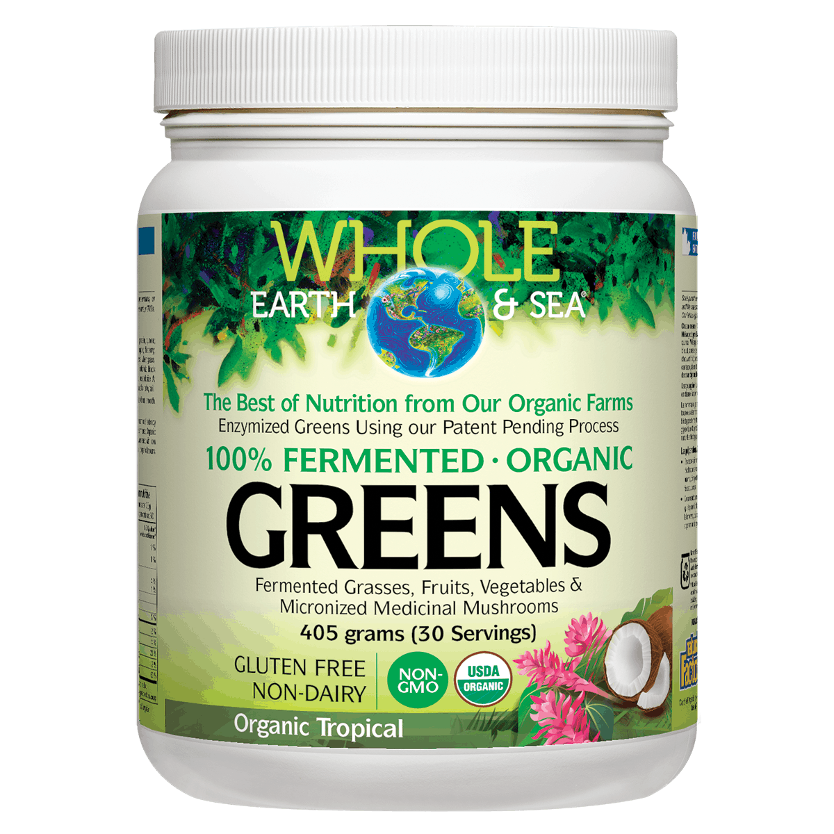 Container of Whole Earth & Sea Greens supplement on a white background