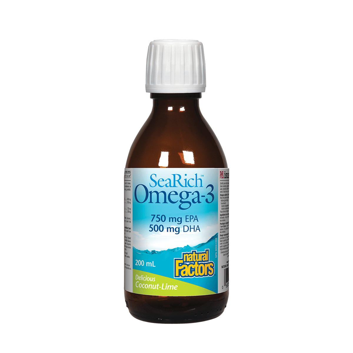 Bottle of SeaRich Omega-3 supplement with coconut lime flavor on a white background sold by natvd.com