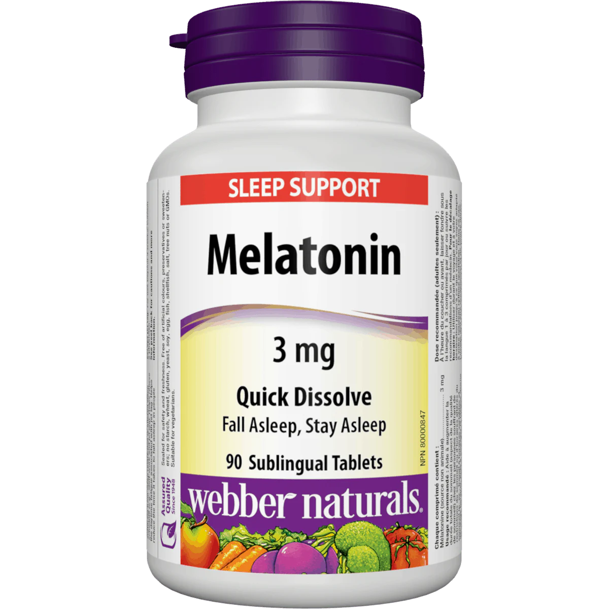 Bottle of Webber Naturals Melatonin 3 mg quick-dissolve tablets on a white background