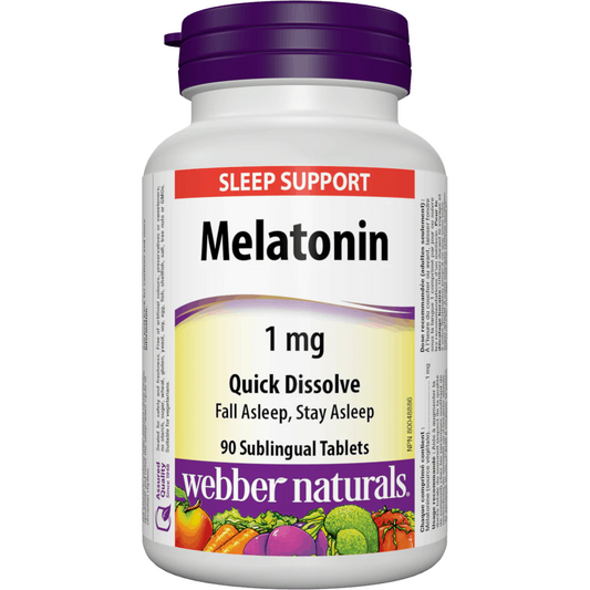 Melatonin supplement bottle with purple cap and label on a white background