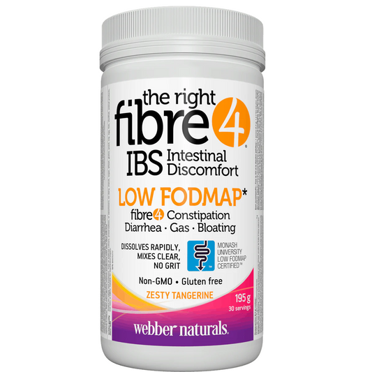 Container of Webber Naturals fibre4 IBS Intestinal Discomfort supplement on a white background