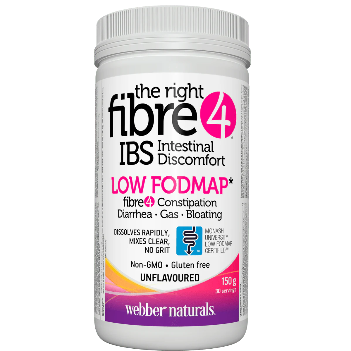 Container of 'the right fibre 4' IBS Intestinal Discomfort supplement by Webber Naturals on a white background