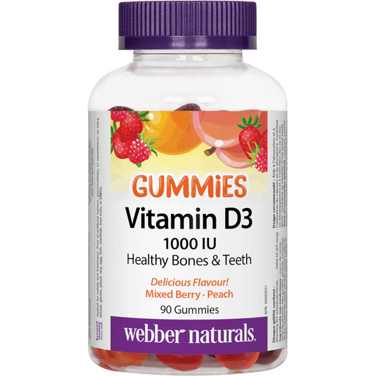 Bottle of Webber Naturals Vitamin D3 gummies on a white background sold by natural vitamin direct inc natvd.com Canada