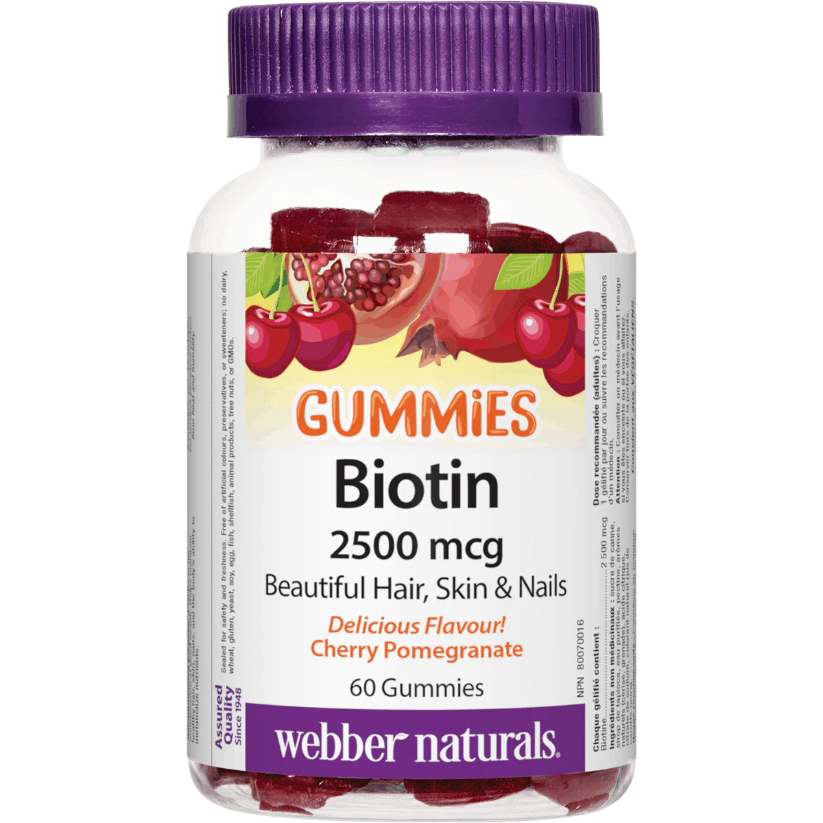 Bottle of Webber Naturals Biotin gummies with a purple cap and cherry pomegranate flavor label.