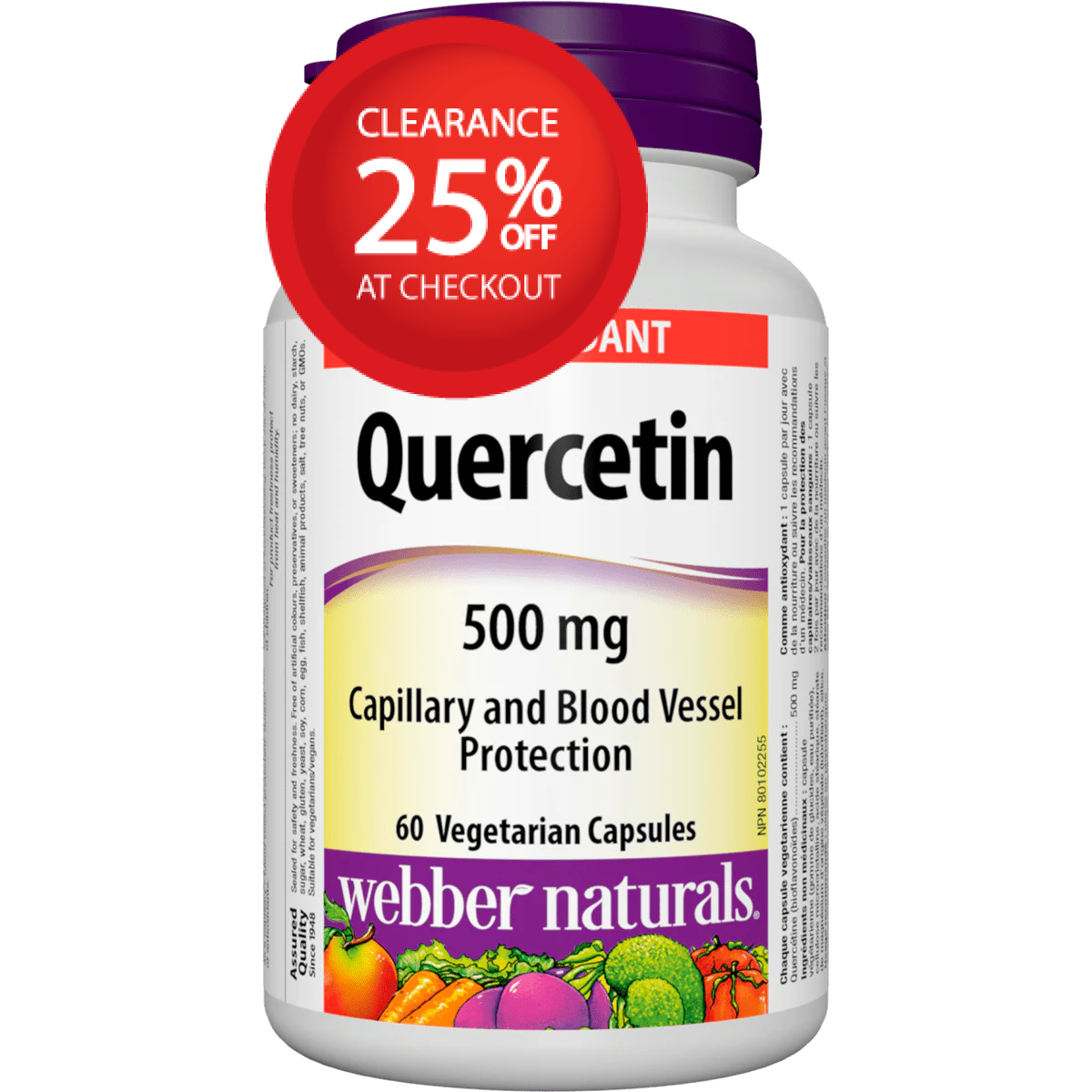 【清仓特价】Webber Naturals 槲皮素 500毫克，60粒素食胶囊 2026年4月
