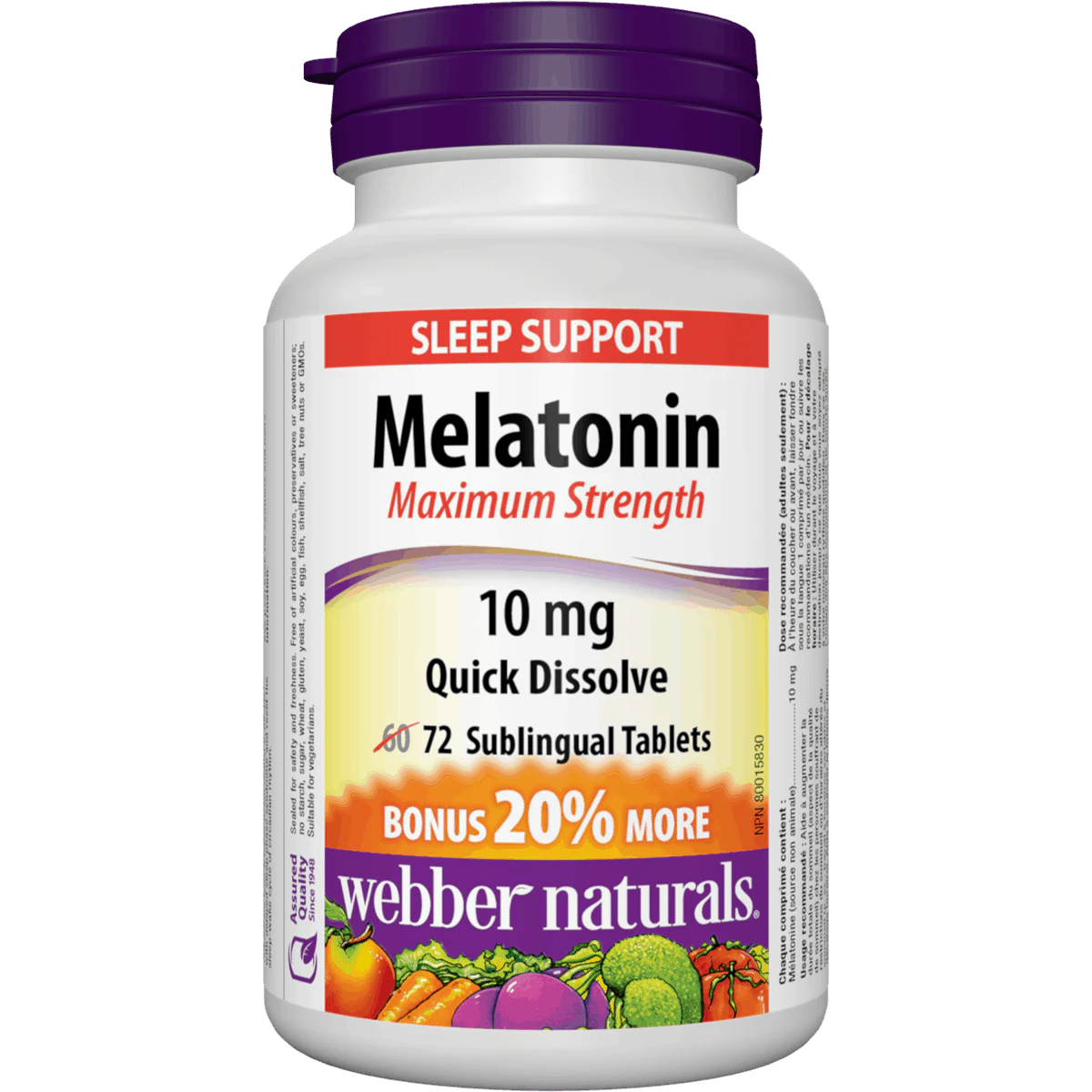 Melatonin supplement bottle with purple cap and colorful label on a white background