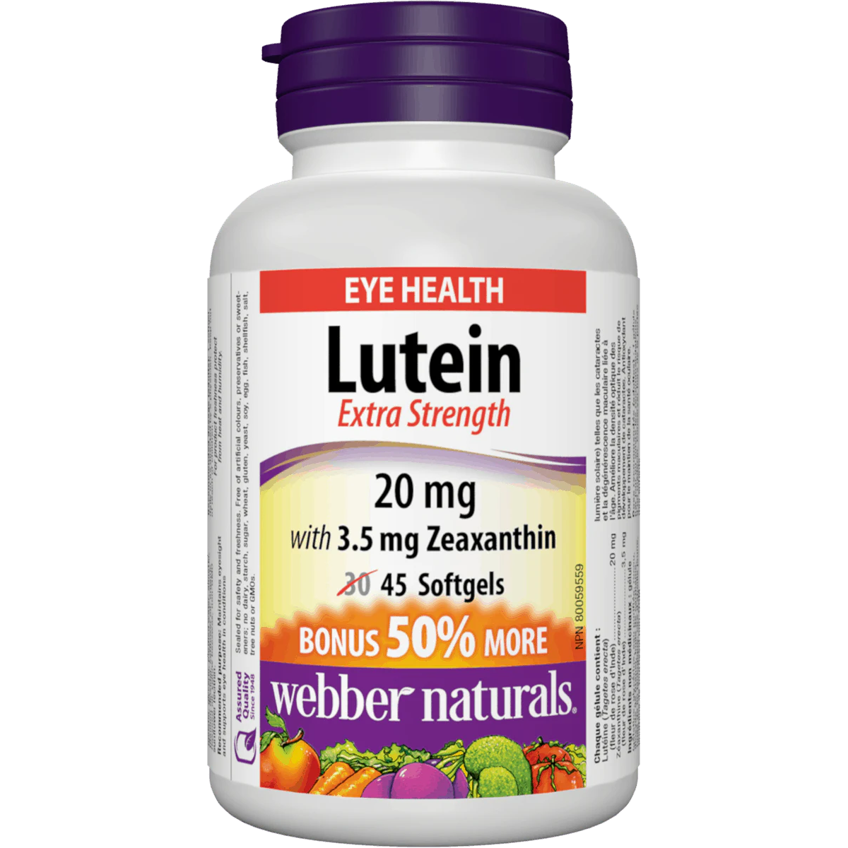 Webber Naturals Lutein Extra Strength supplement bottle on a white background