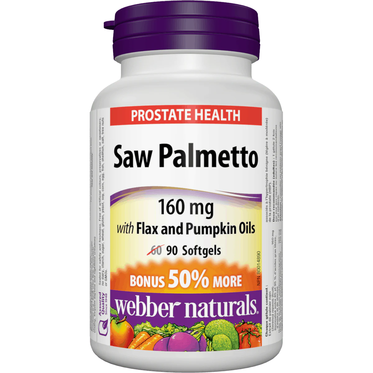 Saw Palmetto supplement bottle with purple cap and white label on a white background