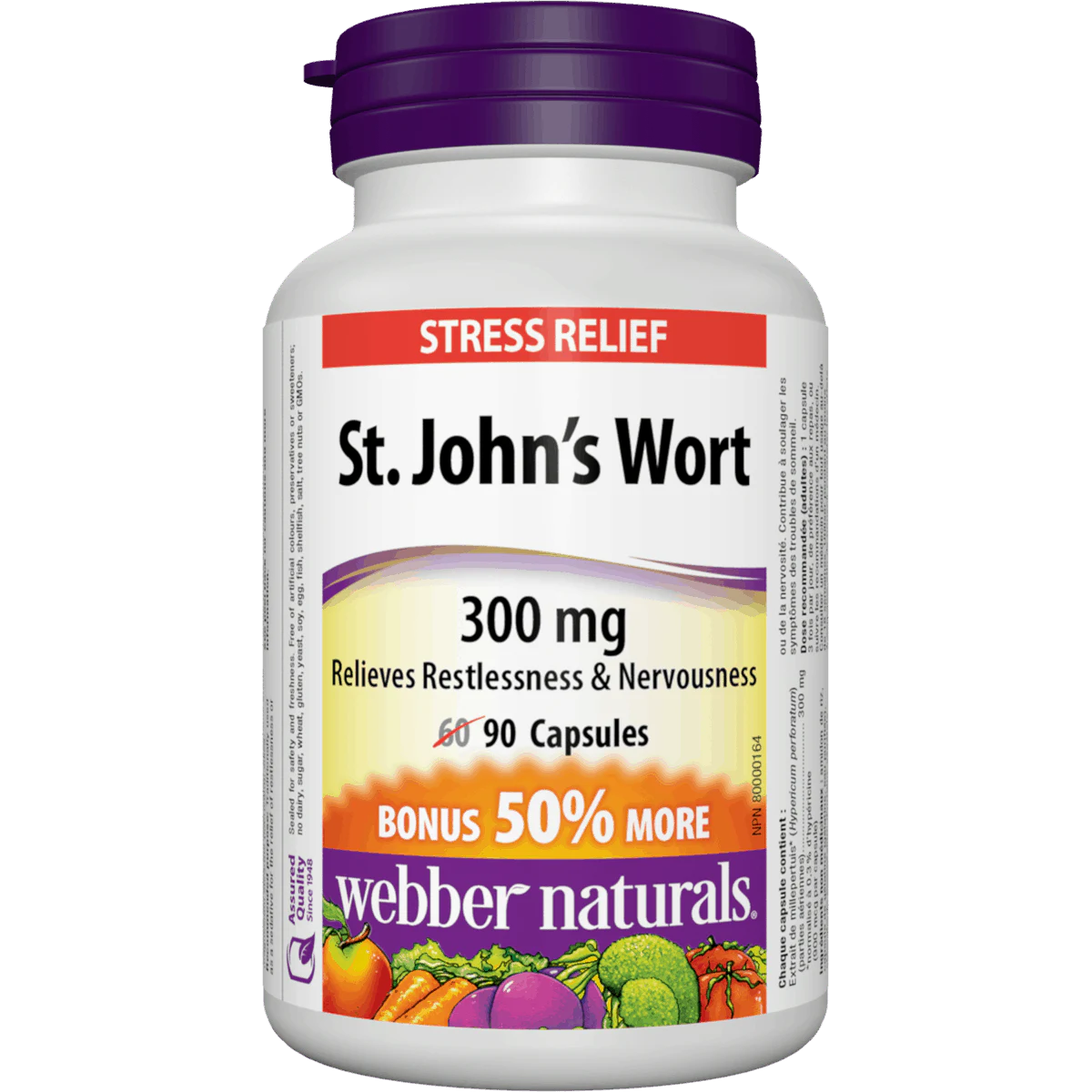 Bottle of St. John's Wort capsules with a purple cap on a white background