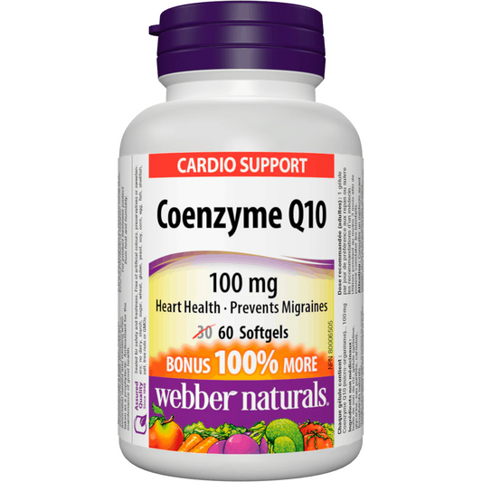 Coenzyme Q10 supplement bottle with purple cap and colorful label on a white background