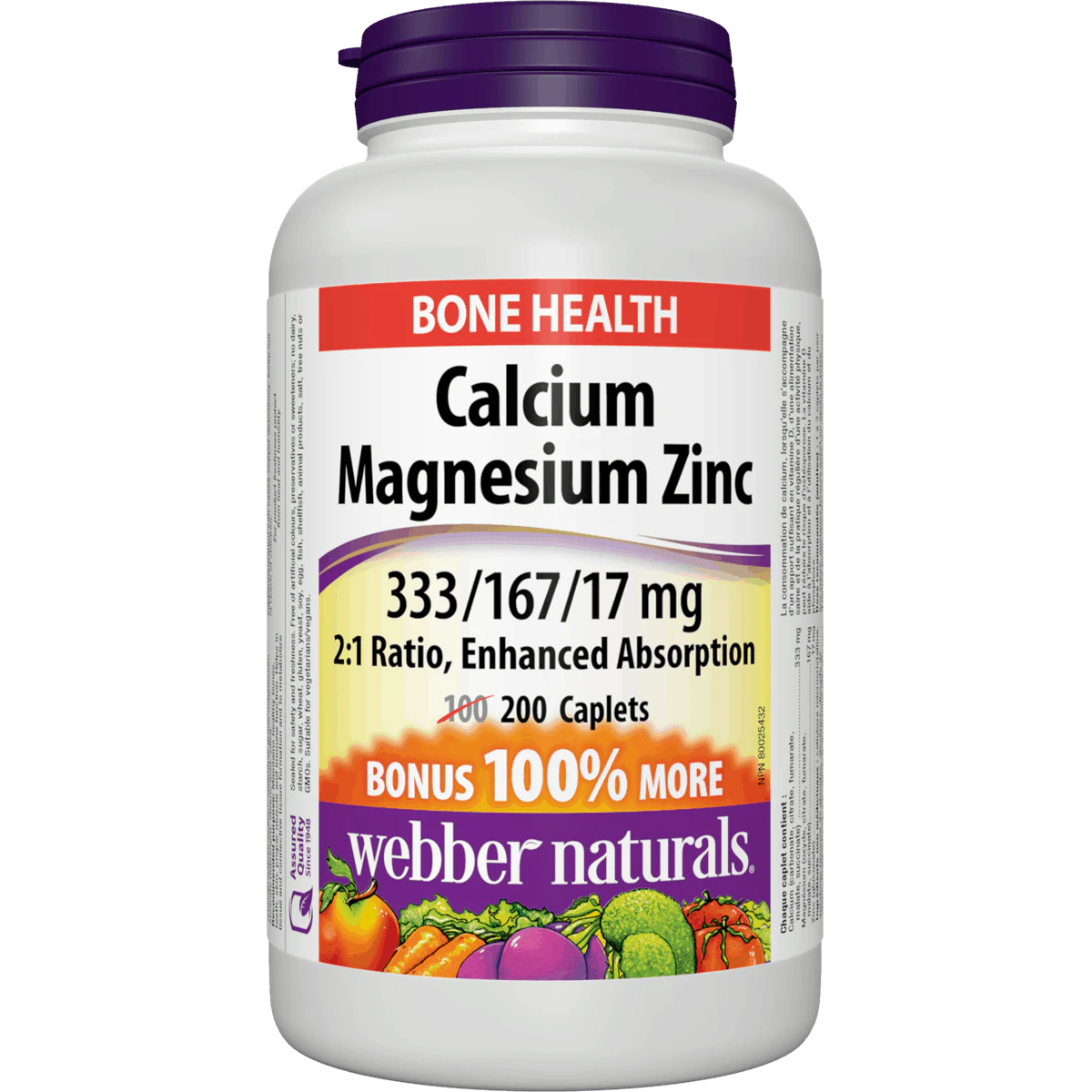 Webber Naturals Calcium Magnesium Zinc, Enhanced Absorption, 333/167/17 mg, BONUS 200 caplets