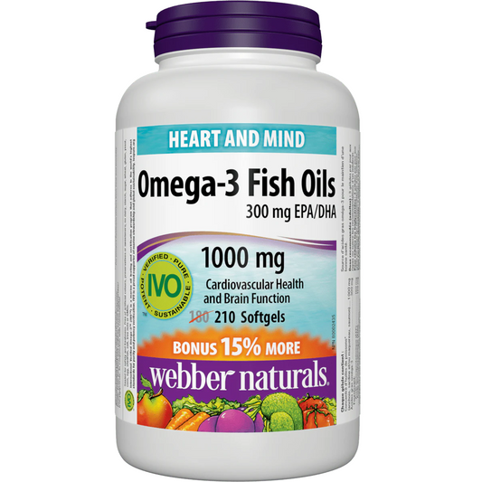 Webber Naturals Omega-3 Fish Oils supplement bottle on a white background natural vitamin direct shop Canadian