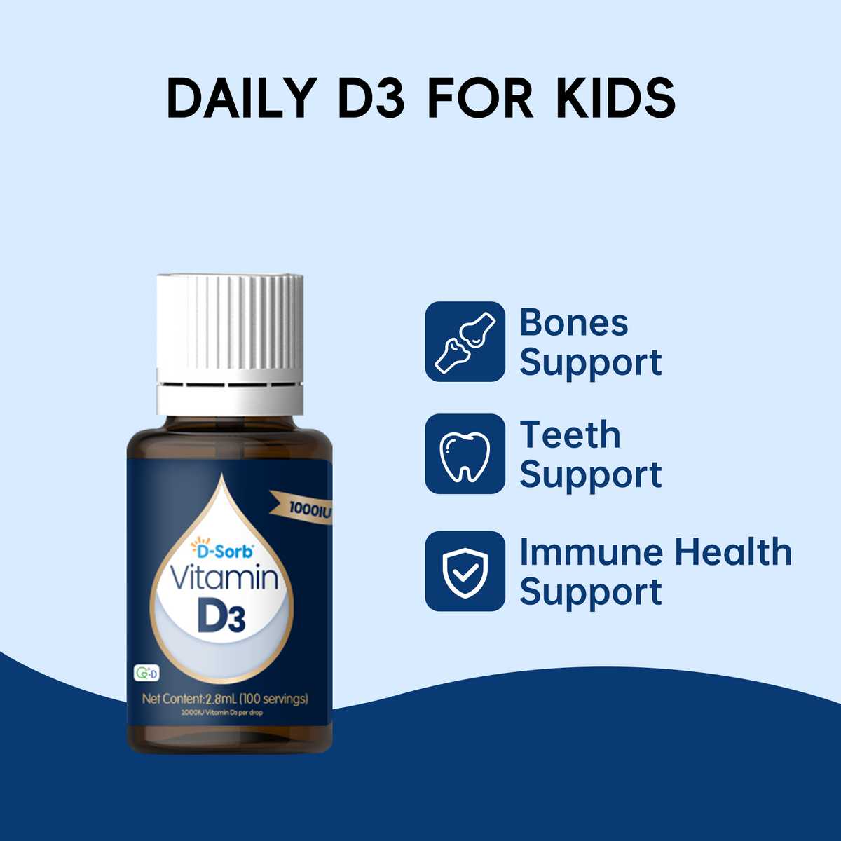 A bottle of D3 Sorb Vitamin D3 supplement for kids, shown on a light blue and navy graphic background with text highlighting benefits for bones, teeth, and immune health.
