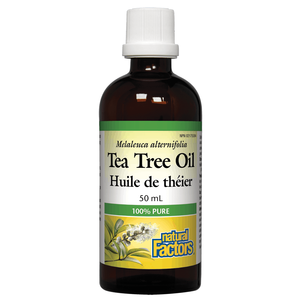 Bottle of Tea Tree Oil with a label on a white background Natural Factors Natural Vitamin Direct Inc
