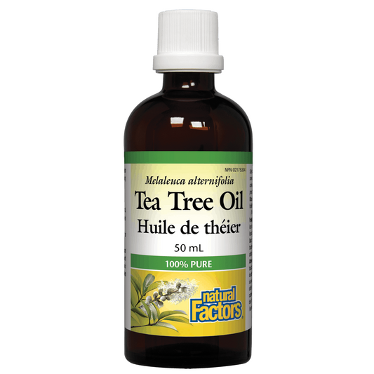 Bottle of Tea Tree Oil with a label on a white background Natural Factors Natural Vitamin Direct Inc