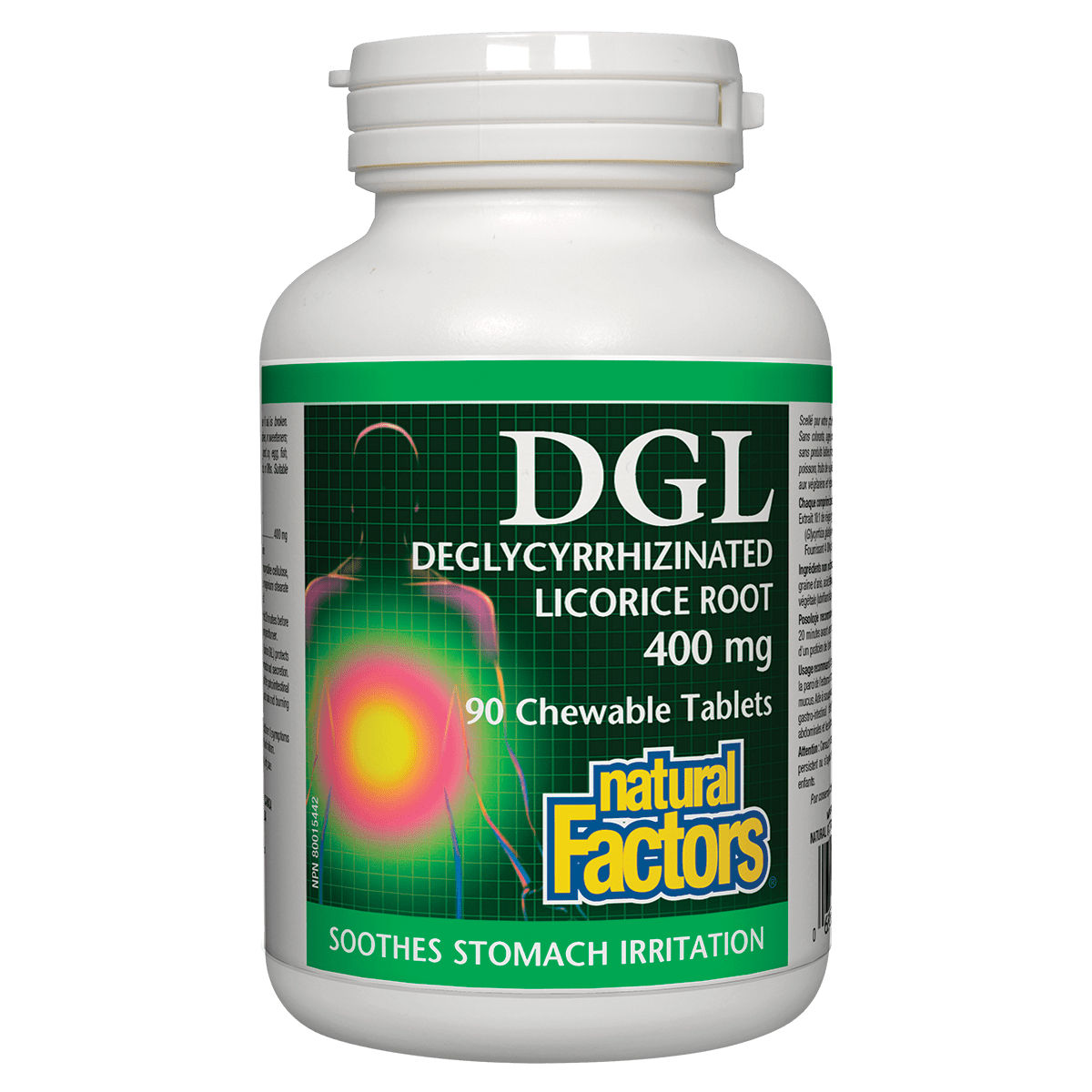 Bottle of DGL (Deglycyrrhizinated Licorice Root) chewable tablets by Natural Factors on a white background