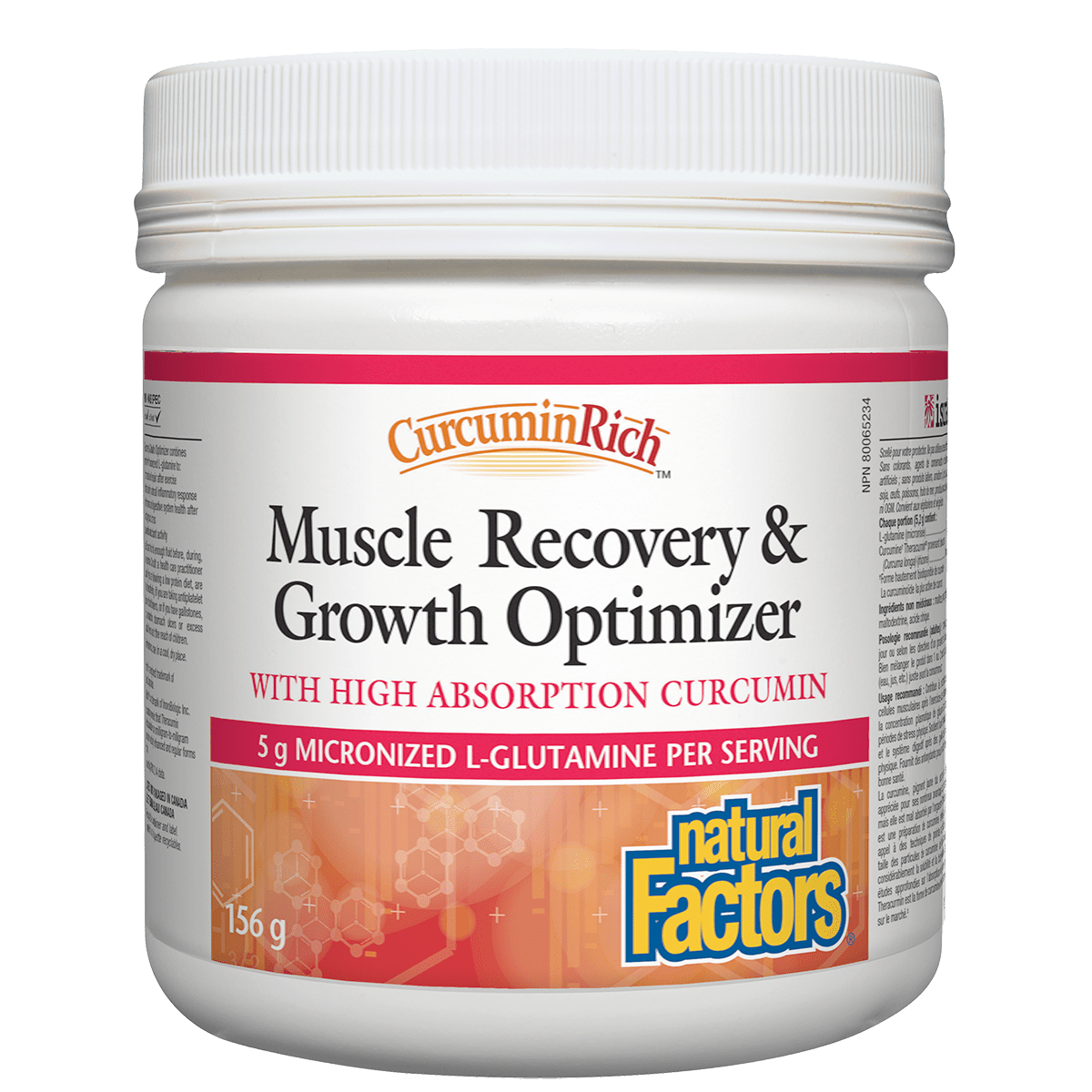 Container of Natural Factors Curcumin Rich Muscle Recovery & Growth Optimizer on a white background