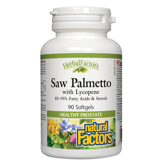Herbal Factors Saw Palmetto with Lycopene supplement bottle on a white background natvd.com

