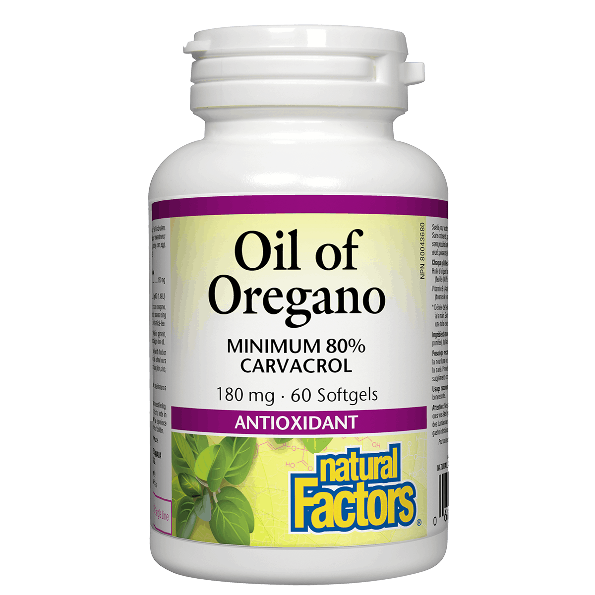 Bottle of Oil of Oregano with label on a white background