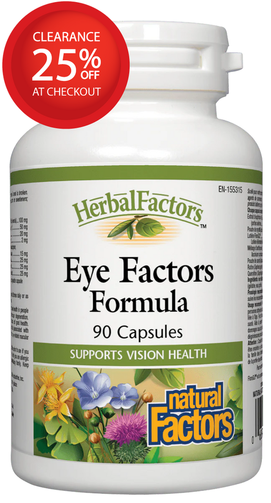 Herbal Factors Eye Factors Formula supplement bottle with clearance label on a white background