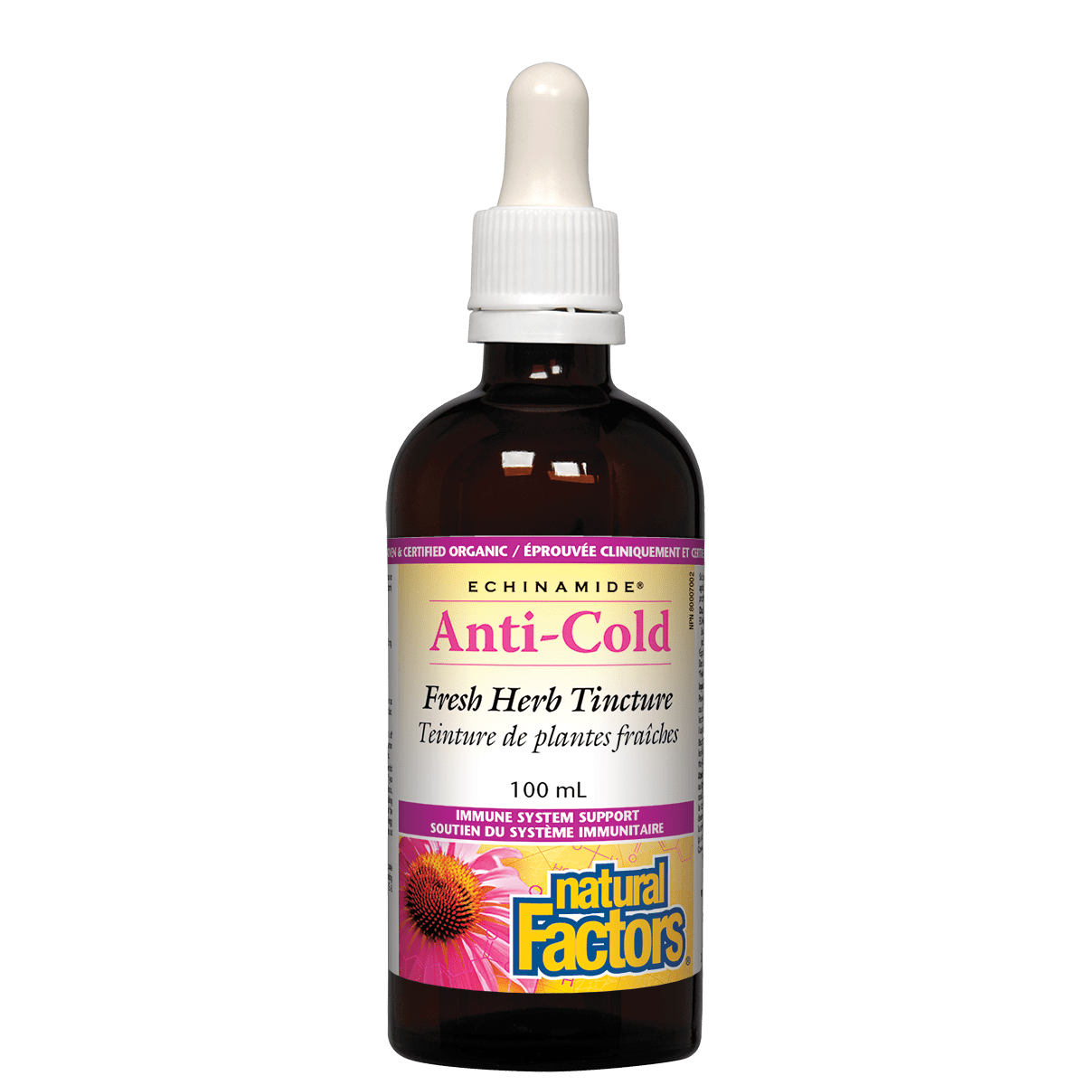 Bottle of Natural Factors Anti-Cold Fresh Herb Tincture on a white background