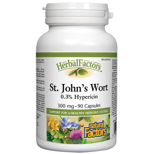 Bottle of Herbal Factors St. John's Wort capsules on a white background Natural Vitamin Direct Shop Canadian