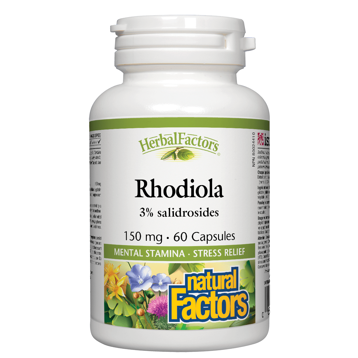 Herbal Factors Rhodiola supplement bottle on a white background
