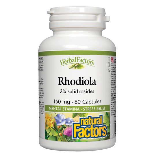 Herbal Factors Rhodiola supplement bottle on a white background