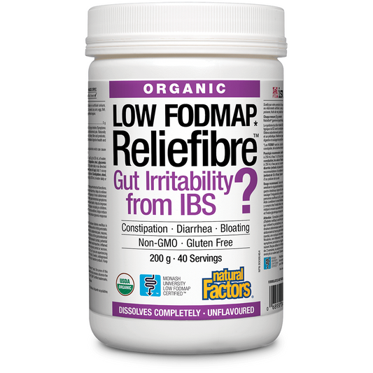 Container of Low FODMAP Reliefibre for gut irritability from IBS on a white background