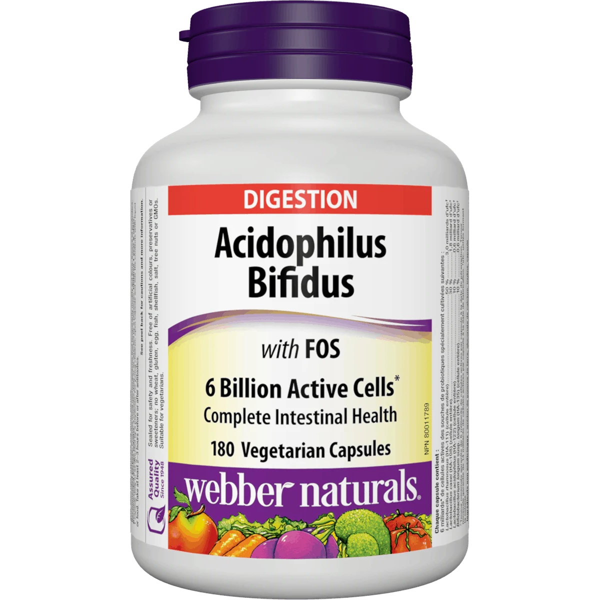 Bottle of Acidophilus Bifidus supplement with a purple cap on a white background