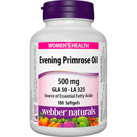 Bottle of Webber Naturals Women's Health Evening Primrose Oil on a white background