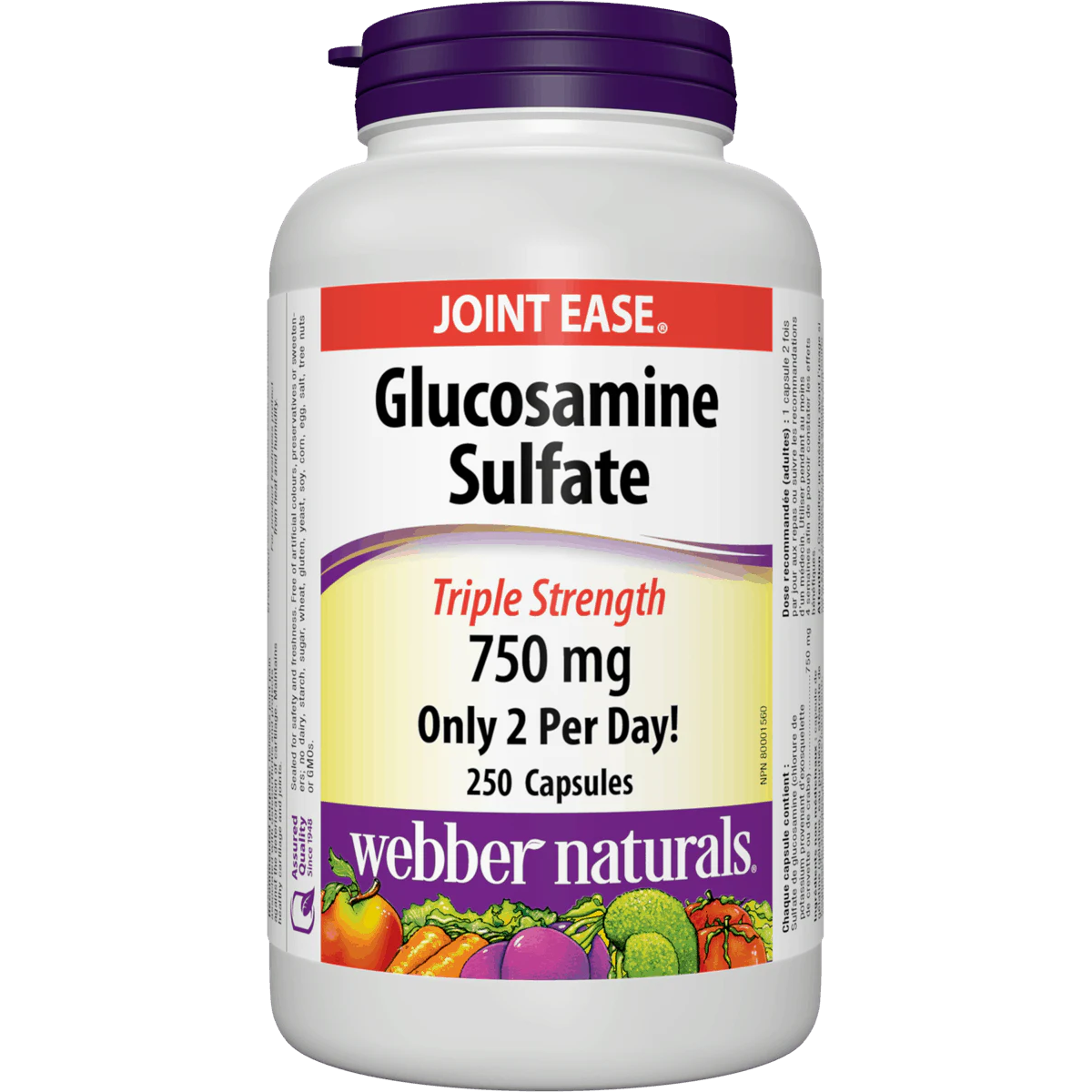 Bottle of Webber Naturals Glucosamine Sulfate with a purple cap on a white background
