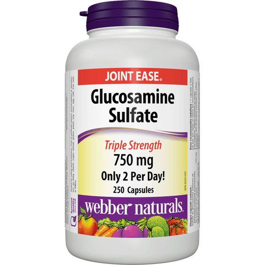 Bottle of Webber Naturals Glucosamine Sulfate with a purple cap on a white background