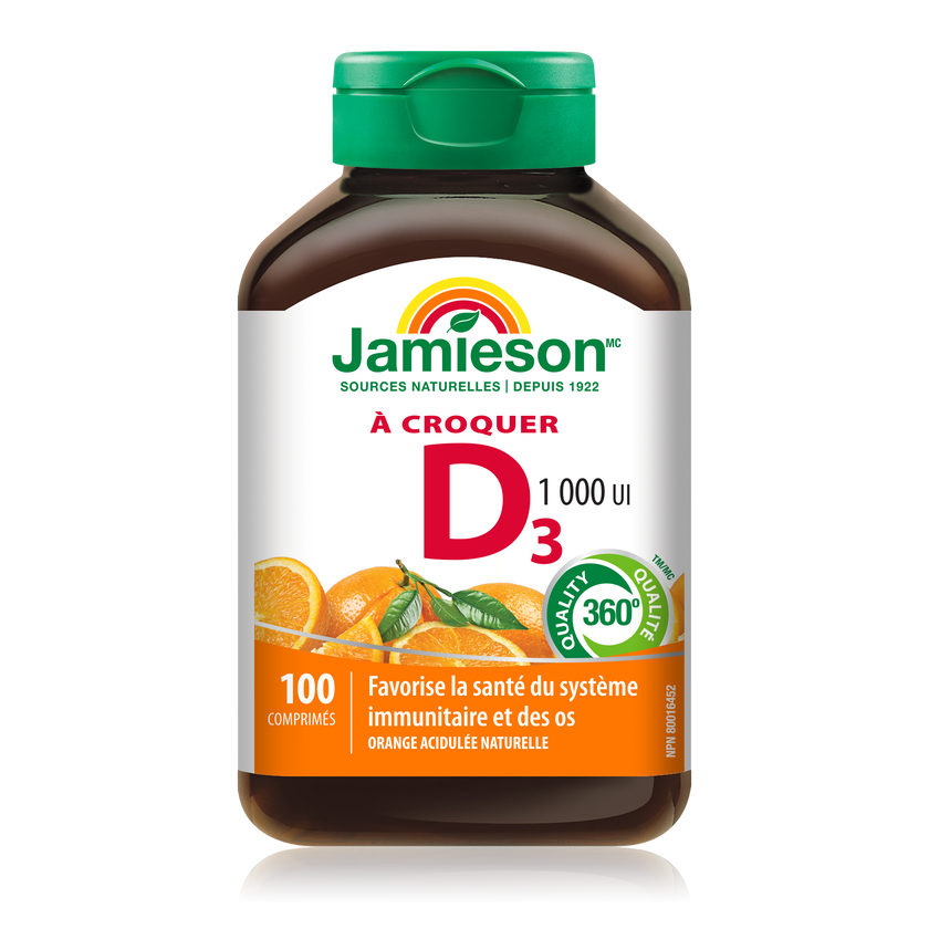 Jamieson Chewable Vitamin D 1000IU, Tangy Orange flavour, 100 tablets