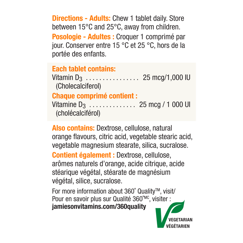 Jamieson Chewable Vitamin D 1000IU, Tangy Orange flavour, 100 tablets
