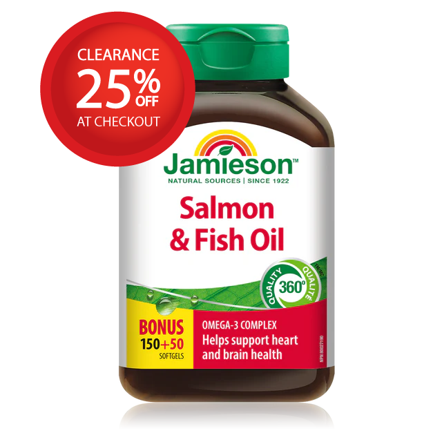 【clearance】Jamieson Salmon and Fish Oils Omega-3 Complex, 150+50 BONUS softgels EXP AUG 2026
