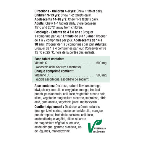 健美生 Jamieson Vitamin C 500 mg Chewable Assorted Flavours Value Size 330 tabs Canadian Label ingredient information panel